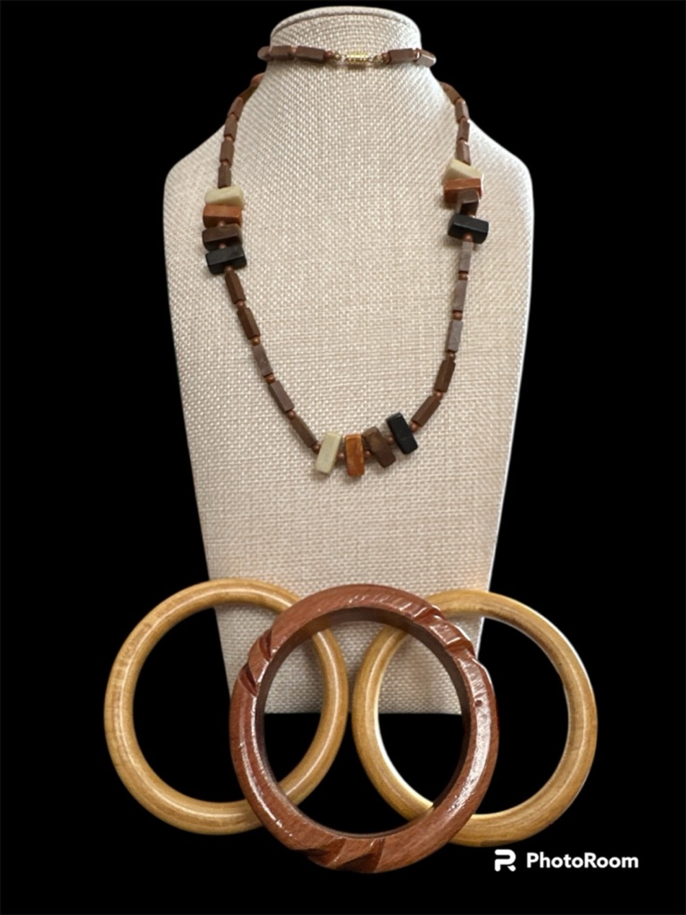 Brown Tan Cream Wood Beaded Necklace with Wooden Bangles